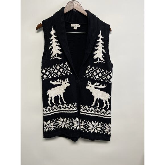 Coldwater Creek Fair Isle Moose Cardigan Sweater Vest Large 14 Cabincore Granny - Picture 7 of 14